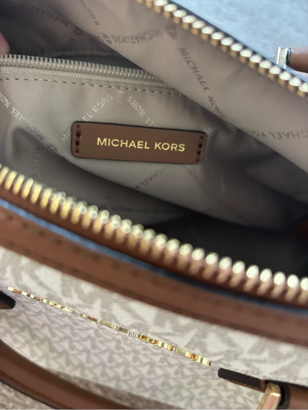 Michael Kors Cream Logo Satchel with Brown Trim and Matching Wallet